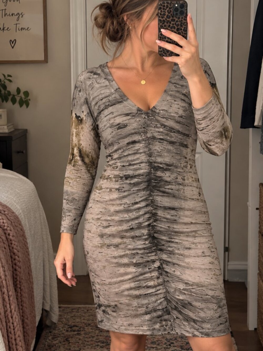 Hard Tail Marble Print Dress L Gray Taupe Marble Print Long Sleeve Bodycon
